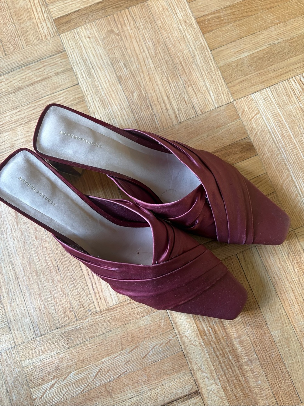 Anthropologie Satin Burgundy Square-Toe Mules - Picture 2 of 12